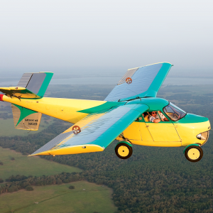 The only airworthy example of Molt Taylor’s vision of a practical flying automobile, the Aerocar soars over the Kissimmee, Florida landscape. With the power set at 25 inches of mercury and 2,500 rpm, the plane is cruising here at 90 knots. Maximum speed is 117 mph (188km/h; 102 kn); range is 300 miles (261 nmi; 483 km).