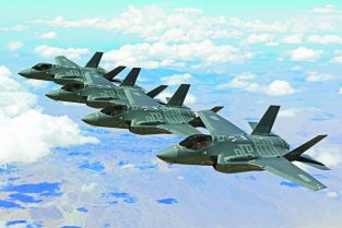 A four-ship of Japanese F-35A Lightnings fly in an echelon formation over the Arizona desert. Staging from Luke AFB, the Japanese were trained by American pilots and support personnel before taking the jets to Japan.