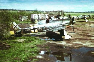 Operation Bodenplatte didn’t go very well for Maj. Von Komatski, 4. Staffle II/JG 4 as his surprise approach to the airfield at St. Trond, Belgium on New Year’s morning of 1945 went sour at the outset. His dangerously low attack ended up as a forced belly landing as his prop just tipped the earth and he and his war career ended abruptly. His aircraft was soon repaired by 404th FG’s maintenance group and ground taxied, as seen here, with an aborted attempt by group commander Col. Leo Moon to fly his prize. Later painted in overall red with U.S. markings, the aircraft was ordered grounded by higher brass, leaving it for scavenging.