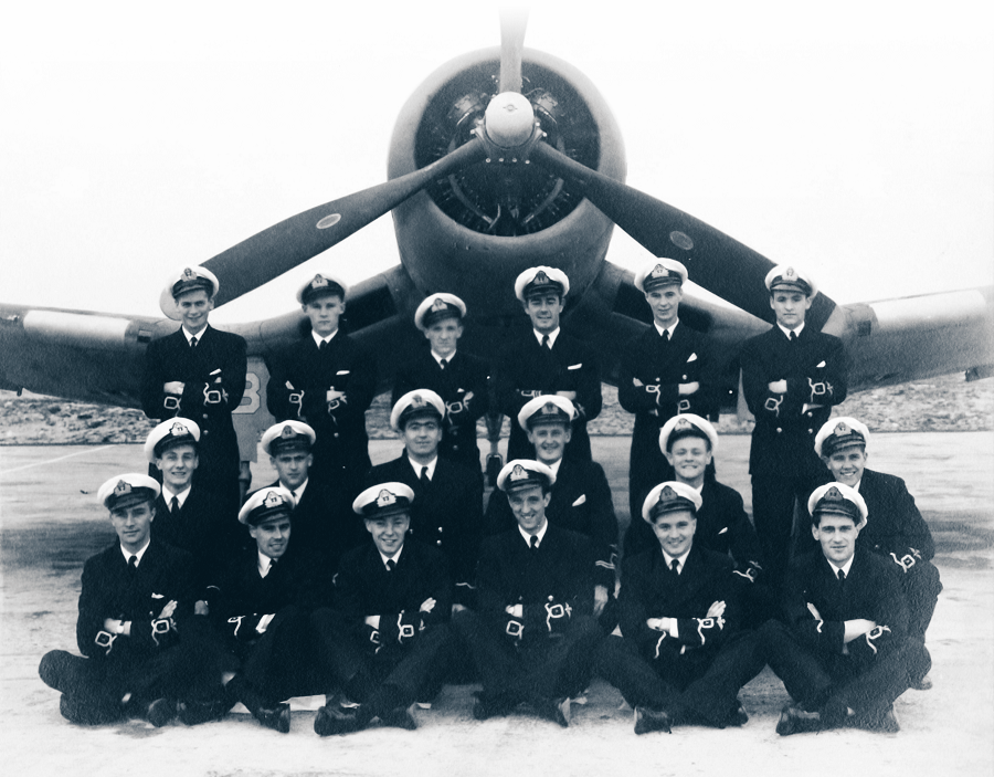 The Royal Navy Fleet Air Arm Corsair squadrons were formed in the U.S., either at NAS Quonset or NAS Brunswick. These are the 18 naval pilots who formed No 1846 Squadron in July 1944, photographed in front of one of their F4U Corsair IIs at NAS Brunswick. (Photo author’s collection)