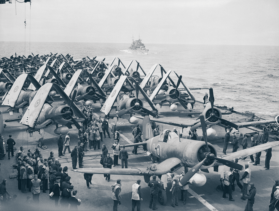 Corsairs of 1841 NAS being prepared on HMS Formidable for strikes against the German battleship Tirpitz in Kaafjord, northern Norway, during operation MASCOT on July 17, 1944. (Photo author’s collection)