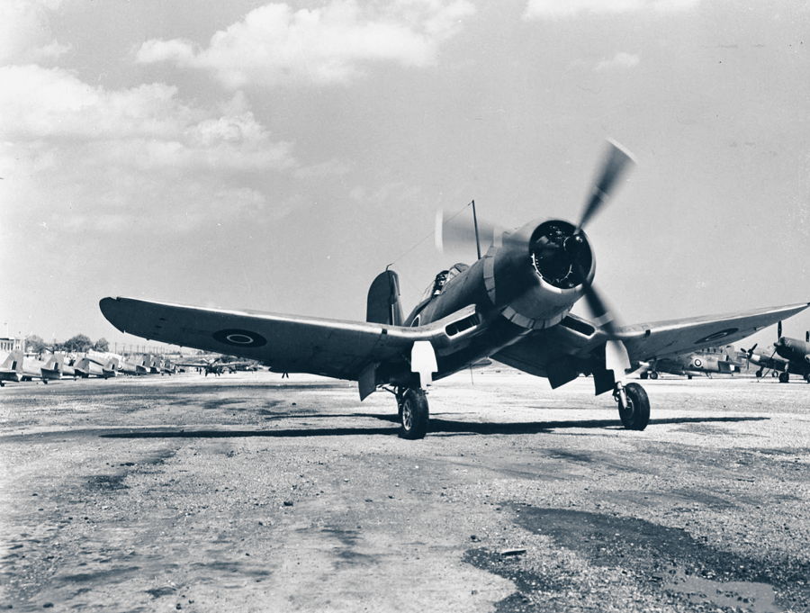 A Royal Navy Fleet Air Arm F4U Corsair 1 taxies at Roosevelt Field, Long Island, New York in 1943. The restricted forward view over the long nose from the aft-mounted cockpit is apparent in this view. (Photo author’s collection)