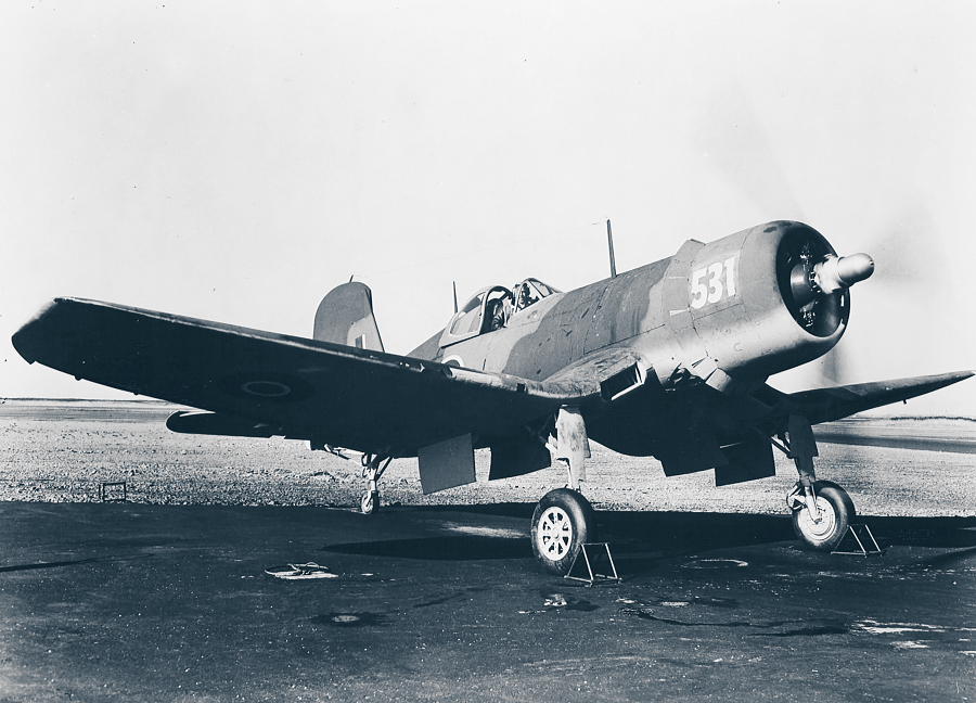 Royal Navy Vought F4U-1A Corsair II JT531 of 1834 Naval Air Squadron shows some of the modifications incorporated to improve the Corsair’s deck landing characteristics. It has the bulged Malcolm cockpit canopy, allowing the pilot’s seat to be raised by seven inches, and the lengthened tail wheel strut, both of which improved forward visibility. The wingtips are clipped by eight inches and a stall strip is fitted on the starboard wing to make the wings stall simultaneously. (Photo author’s collection)