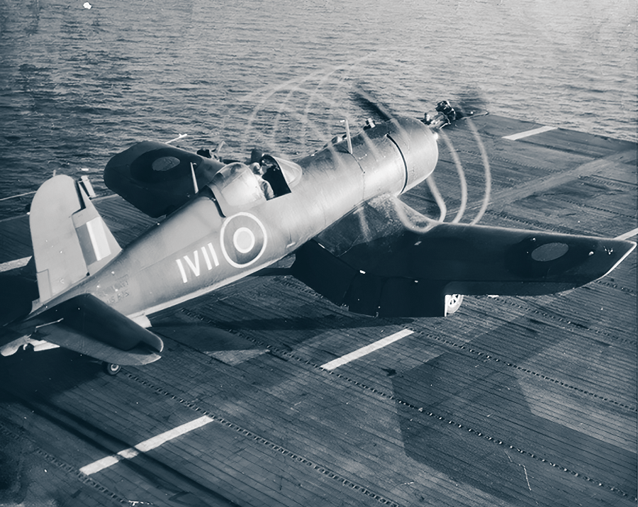 A Goodyear produced FG-1D Corsair IV, 1V11 of 1835 NAS, generates impressive vortices from the huge propeller on takeoff during a carrier training session. (Photo author’s collection)