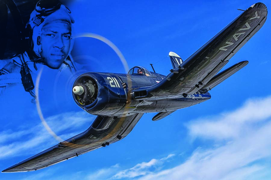 Erickson Air Museum general manager Mike Oliver pilots the Madras, Oregon-based museum’s F4U-7. It wears the markings of Jesse Brown’s VF-32 Corsair and was painted in that livery in 2018, before Oliver was aware that a film would be made from author Adam Makos’s book, “Devotion.” (Photo by Gary Stray)