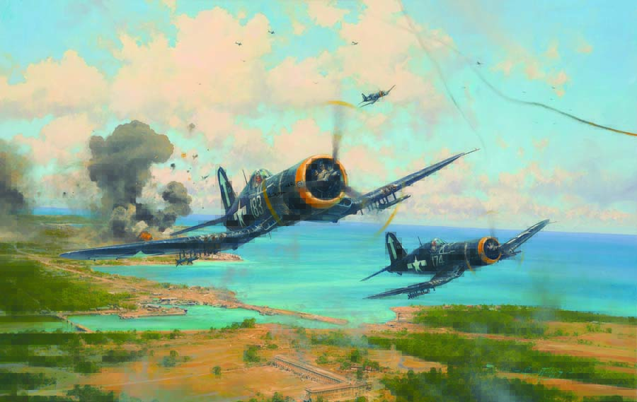 The Corsair was instrumental in the air superiority and close air support action over Okinawa. (Painting by Robert Taylor, courtesy of Aviation Art Hangar)