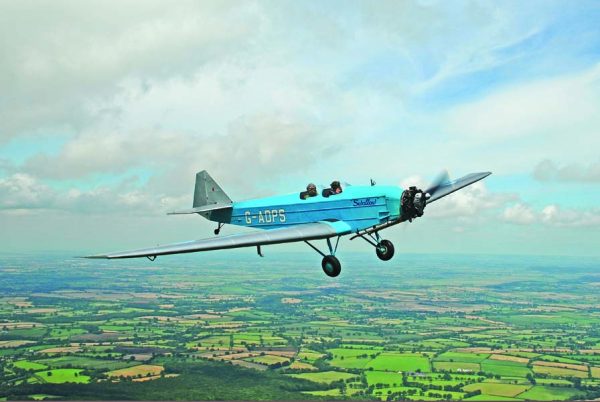 John Hopkins flying his BA Swallow 2 over the rolling Devon countryside near his home in southwest England.