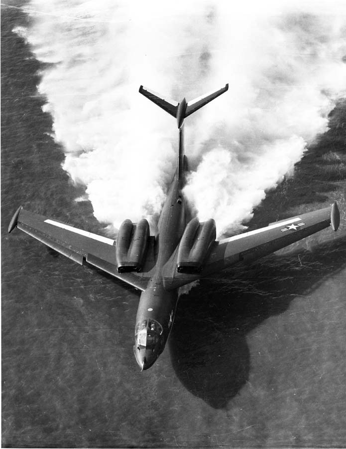 Final configuration of the P6M series is shown in this dramatic view of Ship #9 shows its overall clean design and the enlarged nacelles of the P&W J-75-P-2 engines that gave the SeaMaster the potential to outfly contemporary USAF bombers. (Photo courtesy of Stan Piet)