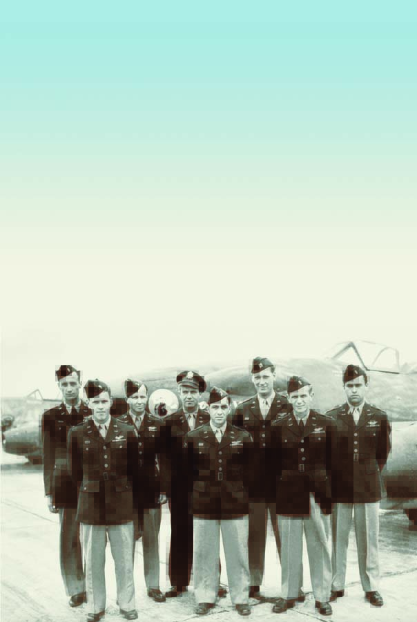 Watson’s Team pose in front of a group of their Me 262s. From left to right are: First Lt. James K. Holt, Capt. Robert J. Anspach, First Lt. William V. Haynes, Col. Harold E. Watson, Capt. Kenneth E. Dahlstrom, Capt. Fred L. Hillis, First. Lts. Robert Strobell and Roy W. Brown. The Me 262 in the foreground is “Cookie VII” with “Jabo Bait” behind. (Photo courtesy of EN Archives)