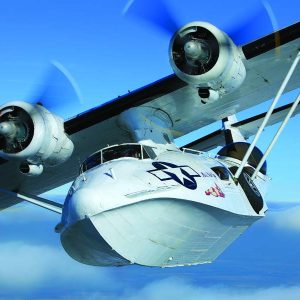 Flown by Paul Mulcahy and Derek Head, the Catalina Society/Plane Sailing’s PBY-5A Catalina G-PBYA “Miss Pickup” flies toward the North Sea from Duxford, England.(Photo by John Dibbs/Facebook.com/theplanepicture)