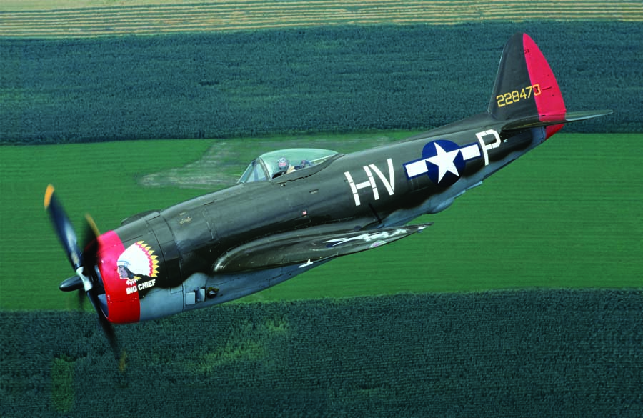 "Big Chief" was a P-47D-28 of the 61st Fighter Squadron, 56th Fighter Group, featuring the fillet ahead of the vertical fin to improve stability of the bubble canopy models by replacing the side area lost when the fuselage was cut down for the new canopy. (Photo by Brian Silcox)